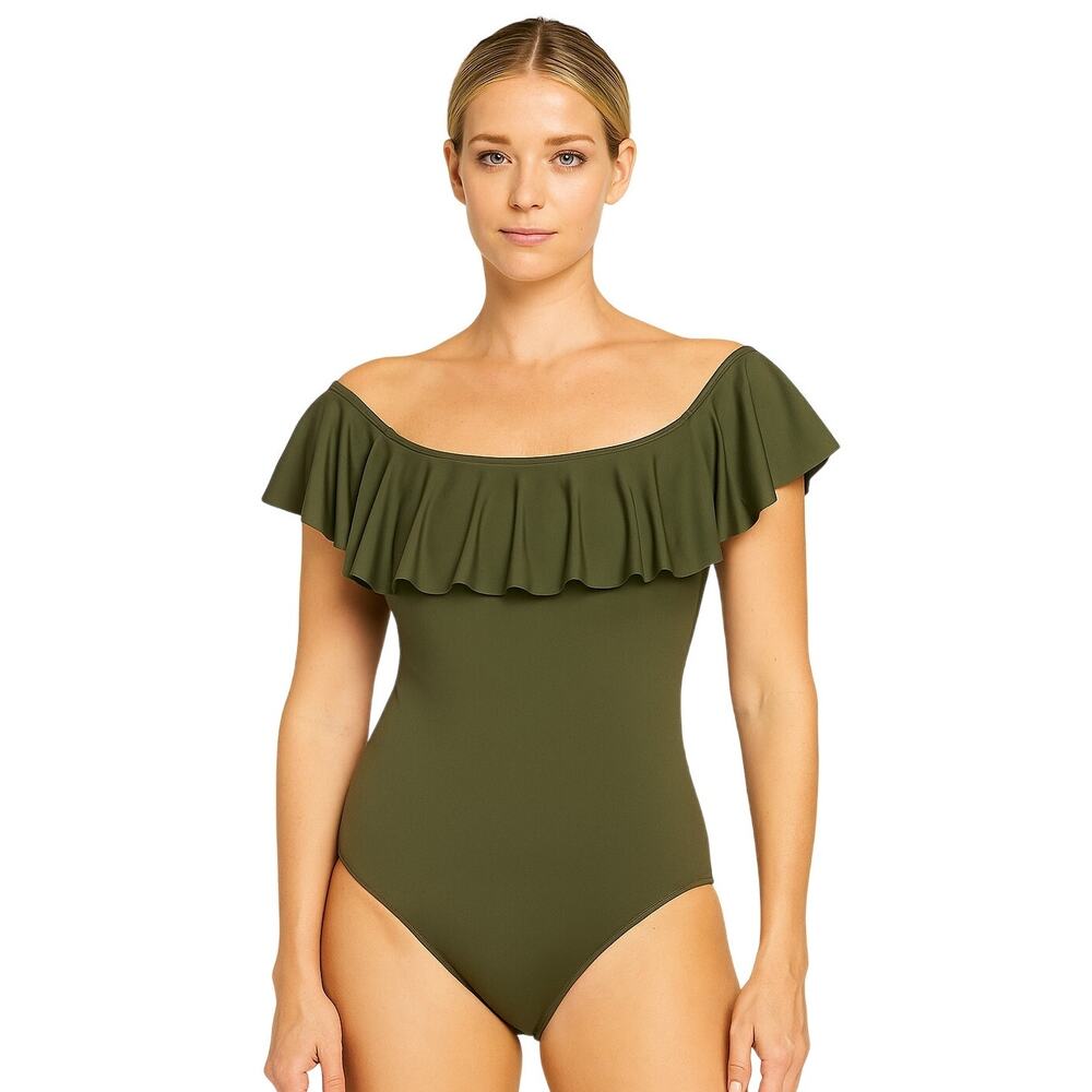 TRINA TURK SWIM Monaco Off The Shoulder Ruffle One Piece Swimsuit Sz 6 Green